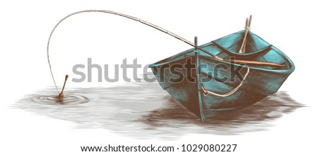wooden boat with fishing rod inside floating on water, sketch vector graphic colored drawing