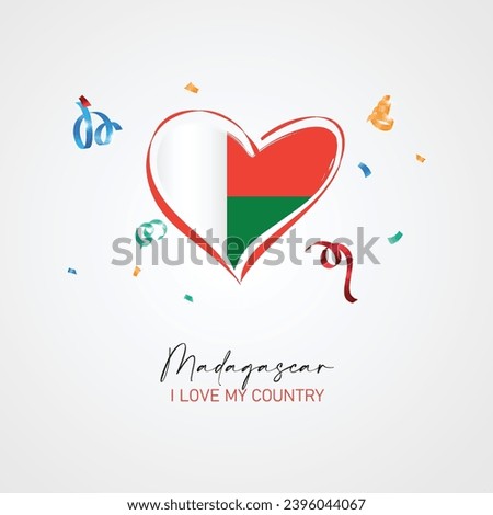 Madagascar flag with a heart shape, with I love my country slogan for Madagascar Independence Day. Vector illustration.