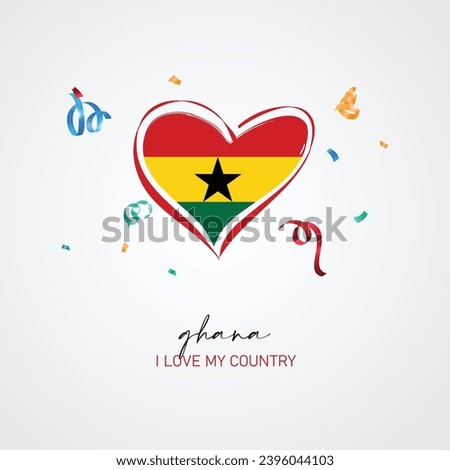 Ghana flag with a heart shape, with I love my country slogan for Ghana Independence Day. Vector illustration.