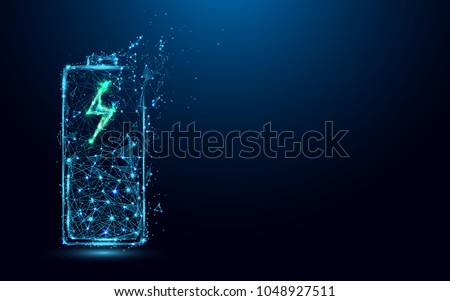 Abstract Battery Charging Icon form lines and triangles, point connecting network on blue background. Illustration vector