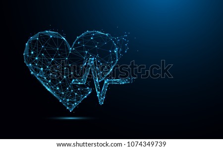 Abstract heart beat form lines and triangles, point connecting network on blue background. Illustration vector