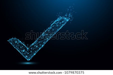 Check mark icon form lines and triangles, point connecting network on blue background. Illustration vector