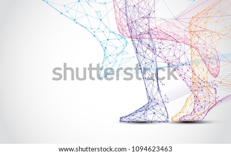 Close up of runner s legs run form lines and triangles, point connecting network on blue background. Illustration vector