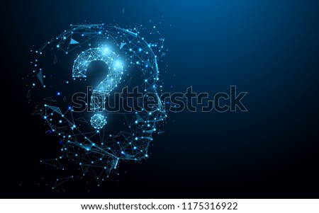 Human head with question mark form lines, triangles and particle style design. Illustration vector