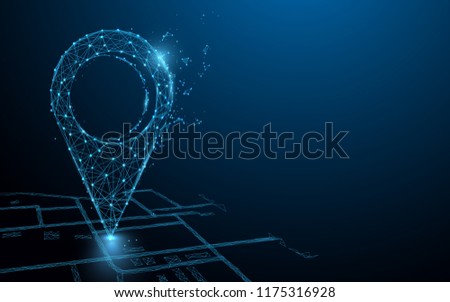 Maps and pin form lines, triangles and particle style design. Illustration vector
