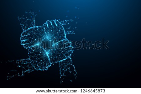 Hand united together form lines, triangles and particle style design. Illustration vector