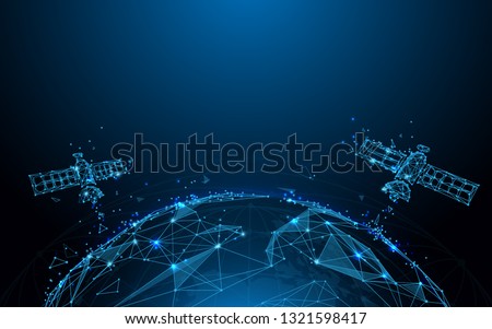 Earth view from space and satellite  from lines, triangles and particle style design. Illustration vector