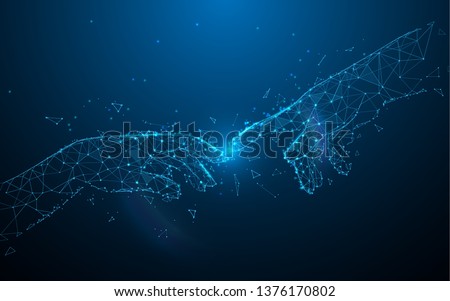 Human hands touching with fingers from lines, triangles and particle style design. Illustration vector
