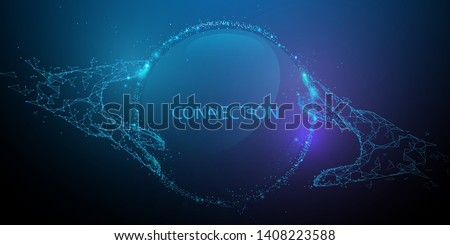 Hands touching global connection concept. Futuristic technology. Lines, triangles and particle style design. Illustration vector