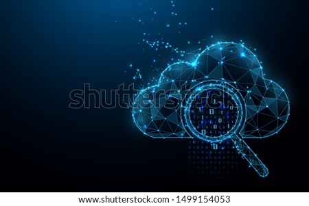 Cloud online storage technology concept. Big data data information exchange available. Magnifying glass with analytics data