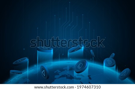 Cryptocurrency coins 3D flying on Global world communication technology for finance, blockchain. Vector illustration