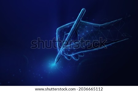 Hand holding a pen. Low polygon line, triangles, and particle style design. Abstract geometric wireframe light connection structure