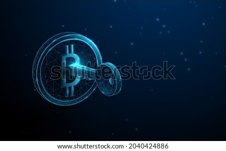 Bitcoin coin with key.  Cryptocurrency concept. Low polygon line, triangles, and particle style design. Abstract geometric wireframe light connection structure
