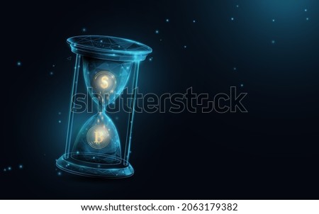 Dollar and cryptocurrency exchange. Hourglass. Low polygon line, triangles, and particle style design. Abstract geometric wireframe light connection structure. Vector illustration