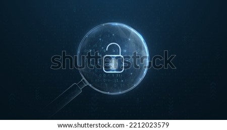 A magnifying glass with opened padlock icon is made from lines, triangles, low polygons, and particle style. Vector illustration