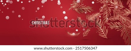 Golden pine leaves with falling snowflakes on a red background featuring. Vector illustration