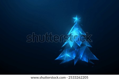 Glowing polygonal Christmas tree in blue light on dark background, digital futuristic holiday concept