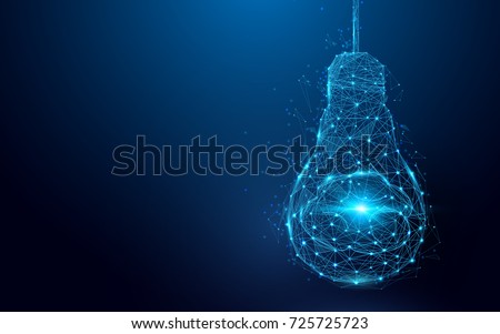 Brain in a lightbulb from lines and triangles, point connecting network on blue background. Illustration vector