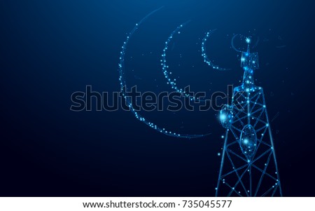 Telecommunications signal transmitter, radio tower from lines and triangles, point connecting network on blue background. Illustration vector
