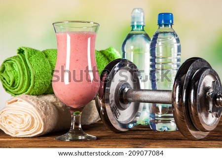 Healthy diet, protein shakes, fruits and sport and fitness concept
