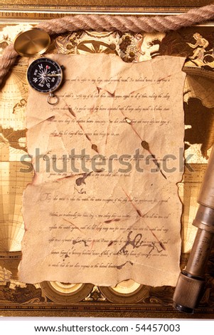Old Pirate map with message, compass, rope and gold background.