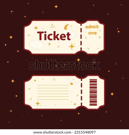 Ticket. Set of magic items in cardboard style vector illustration flying ball, magic feather, glasses, tie, potion cauldron, shoe print. The template is perfect for kids events and costume parties