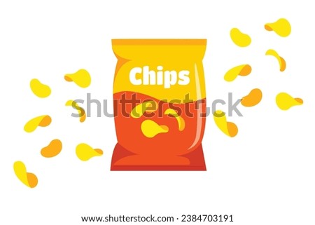 Flat vector packaging with red and yellow snack chips isolated on white background with flying snack chips. Goods for snacking on the go, vending.