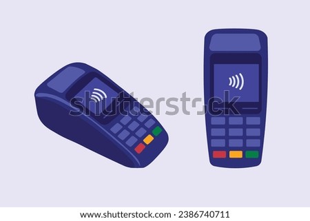 Vector payment terminal for credit cards, set of two electronic wireless readers, contactless payment terminals in flat vector cartoon style