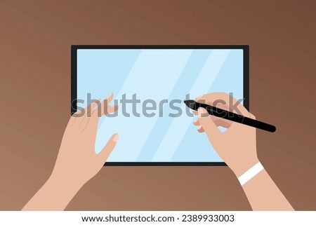 Vector illustration of a girl holding a stylus and drawing on a screen tablet close up top view digital illustration