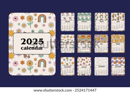 Cartoon cool calendar in 70s style for each month. Cute retro characters flowers, sun, stars. Hippie style2025 calendar with Retro stickers design Calendar planner minimal style annual organizer