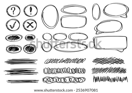 Hand drawn doodles, frames, doodle frames, notes, round ovals, thought clouds, strikethroughs of various shapes, cross and check in black, exclamation mark and question mark in a hand drawn circle.