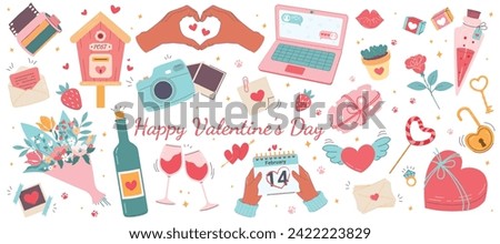 Valentine's Day. Vector set of romantic elements for Valentine's Day. Mailbox, Valentine's Day, envelope, bouquet, wine in glasses, calendar, love potion, candy, open lock, kiss.