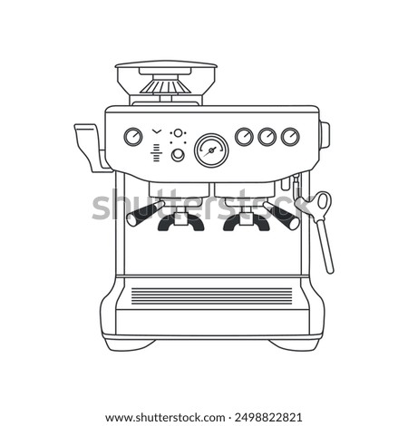 Illustration of a coffee machine, coffee maker. Espresso machine with cappuccino maker. Outline drawing of a coffee maker. Vector illustration in linear style.