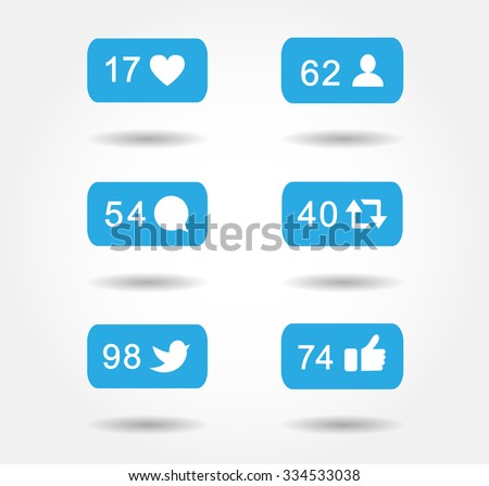 Blue bubble notification icon set for following websites,blog, interfaces facebook twitter instagram. Vector illustration social media eps 10
