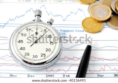 Stopwatch, financial diagrams and euro coins ? time and money concept