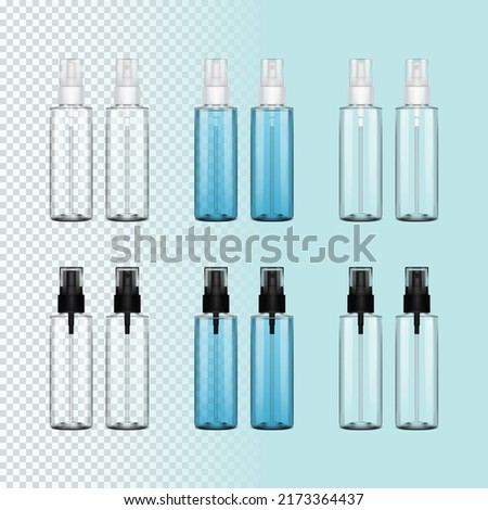 Empty clear plastic bottles with white and black mist spray pumps on transparent background. Hand sanitizer spray bottles on light blue background. Ready for your design. Packaging vector.