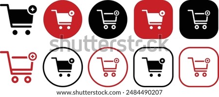 Shopping cart plus icon set. Solid and outline icons vector collection.