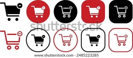 Shopping cart minus icon set. Solid and outline icons vector collection.