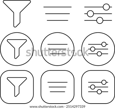 Black Filter Outline Icon Set