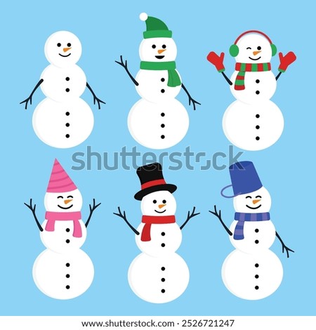 Collection of Big White Snowman with Winter on Blue Background