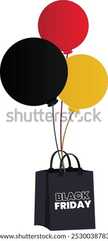 Black Paper Bag with Black Friday Words Hanging on Three Colorful Balloons on White Background