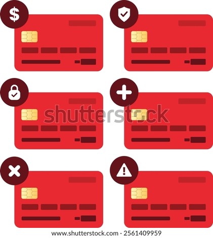 Red Simple Debit Card Collection with Dollar Save Lock Plus Wrong Warning Icon