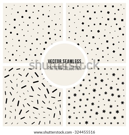 Set of Four Vector Seamless Black And White Jumble Line Dot Square Asterisk Particles Pattern Collection Background
