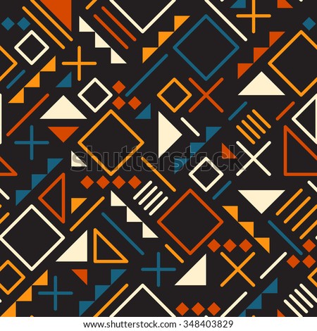 Vector Seamless Retro 80's  Jumble Geometric Line Shapes Teal Orange Color Pattern on Black Abstract  Background
