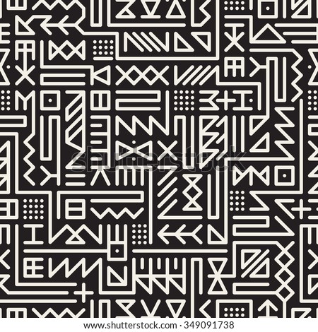 Vector Seamless Black And White Rounded Line Geometric Hipster Signs Pattern Abstract Background