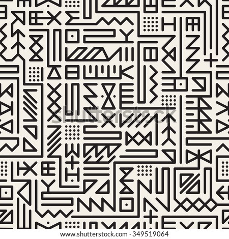 Vector Seamless Black And White Rounded Line Geometric Hipster Signs Pattern Abstract Background