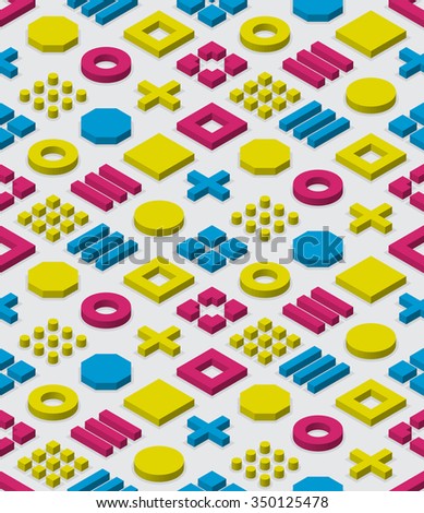 Vector Seamless Isometric Blocks Grid In Cyan Magenta and Yellow Colors Geometric Retro Pattern on White Background