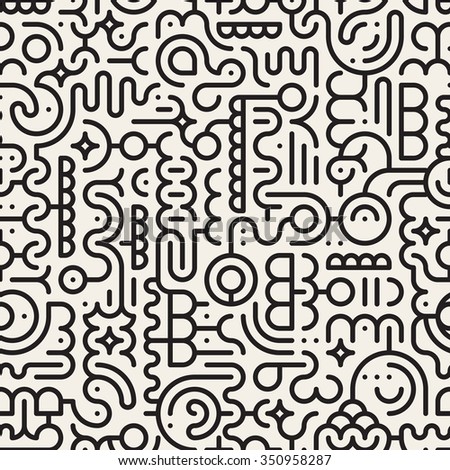Vector Seamless Black And White Line Art Geometric Doodle Pattern Abstract Background