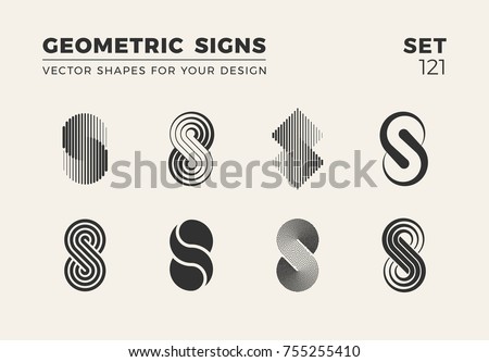 Set of eight minimalistic trendy shapes. Stylish vector logo emblems for Your design. Simple creative geometric signs collection.