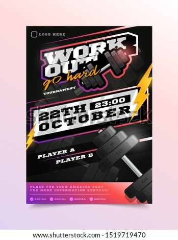 Gym workout Sport Flyer Vector. Vertical Card Poster Design For Sport Bar Promotion. Tournament Flyer. Invitation Illustration.